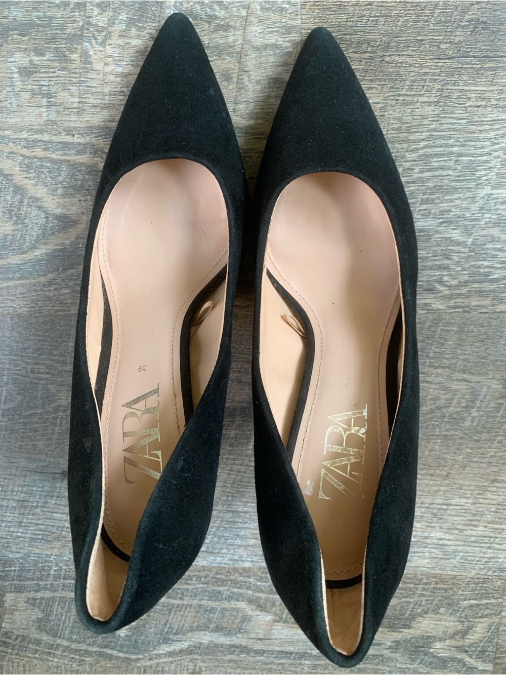 Zara Office Siren Chrome  Black Suede Pointed Toe Heels
